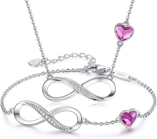 925 Sterling Silver Necklace Bracelet One Sets Infinity Heart Symbol Charm Endless Love Women Pendant Embellished with Crystal Christmas Jewelry Gift Birthday Gift for Mom Women Wife Girls Her Sliver-Purple
