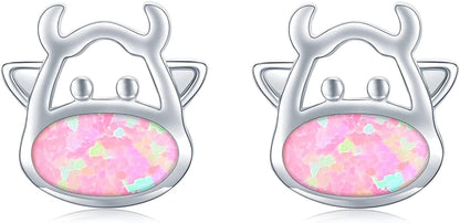 925 Sterling Silver Opal Animal Studs Earrings for Sensitive Ears Jewelry Gifts for Women Girls Cow-Pink Opal