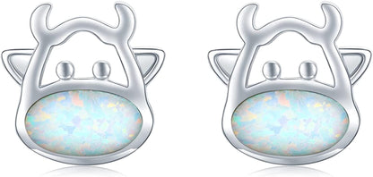 925 Sterling Silver Opal Animal Studs Earrings for Sensitive Ears Jewelry Gifts for Women Girls Cow