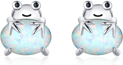 925 Sterling Silver Opal Animal Studs Earrings for Sensitive Ears Jewelry Gifts for Women Girls Frog