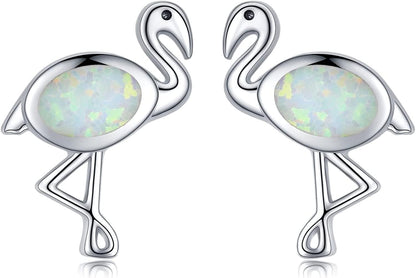 925 Sterling Silver Opal Animal Studs Earrings for Sensitive Ears Jewelry Gifts for Women Girls Flamingo