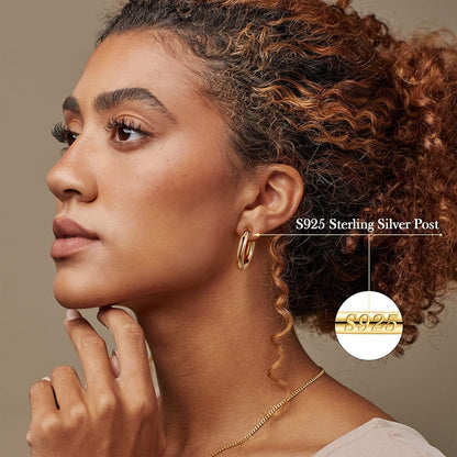 925 Sterling Silver Post 14K Real Gold Plated Chunky Hoop Earrings Set for Women, Hypoallergenic Thick Lightweight Hoop Earrings for Women 20/25/30/40/50/60Mm Gold Jewelry Gifts