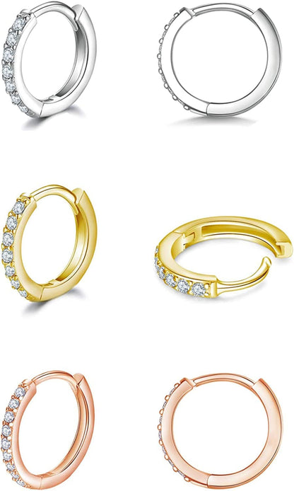 925 Sterling Silver Post Small Hoop Earrings Cubic Zirconia Huggie Hoop Earrings,3 Pairs 14K White Gold Plated Cartilage Piercing Earrings Ear Cuff Tiny Hoop Earrings for Women Men 8Mm 10Mm 12Mm I-silver gold rosegold 3 pairs 8mm