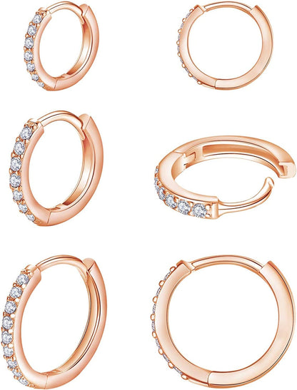 925 Sterling Silver Post Small Hoop Earrings Cubic Zirconia Huggie Hoop Earrings,3 Pairs 14K White Gold Plated Cartilage Piercing Earrings Ear Cuff Tiny Hoop Earrings for Women Men 8Mm 10Mm 12Mm E-rosegold 3 pairs 8/10/12mm