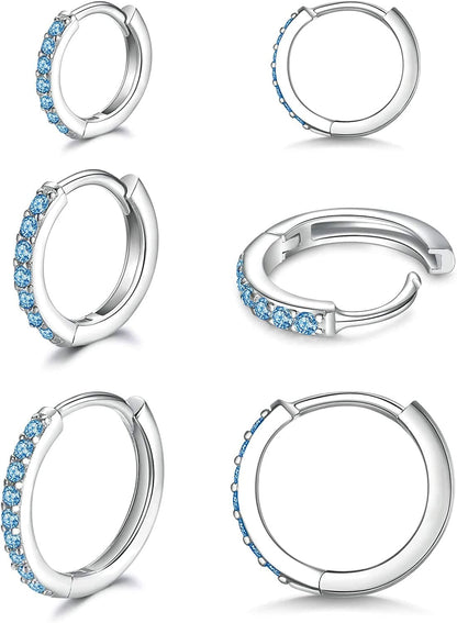 925 Sterling Silver Post Small Hoop Earrings Cubic Zirconia Huggie Hoop Earrings,3 Pairs 14K White Gold Plated Cartilage Piercing Earrings Ear Cuff Tiny Hoop Earrings for Women Men 8Mm 10Mm 12Mm N-blue cz 3 pairs 8/10/12mm