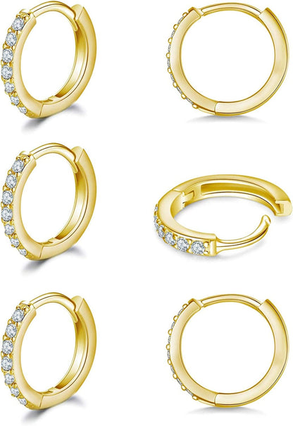 925 Sterling Silver Post Small Hoop Earrings Cubic Zirconia Huggie Hoop Earrings,3 Pairs 14K White Gold Plated Cartilage Piercing Earrings Ear Cuff Tiny Hoop Earrings for Women Men 8Mm 10Mm 12Mm H-gold 3 pairs 10mm