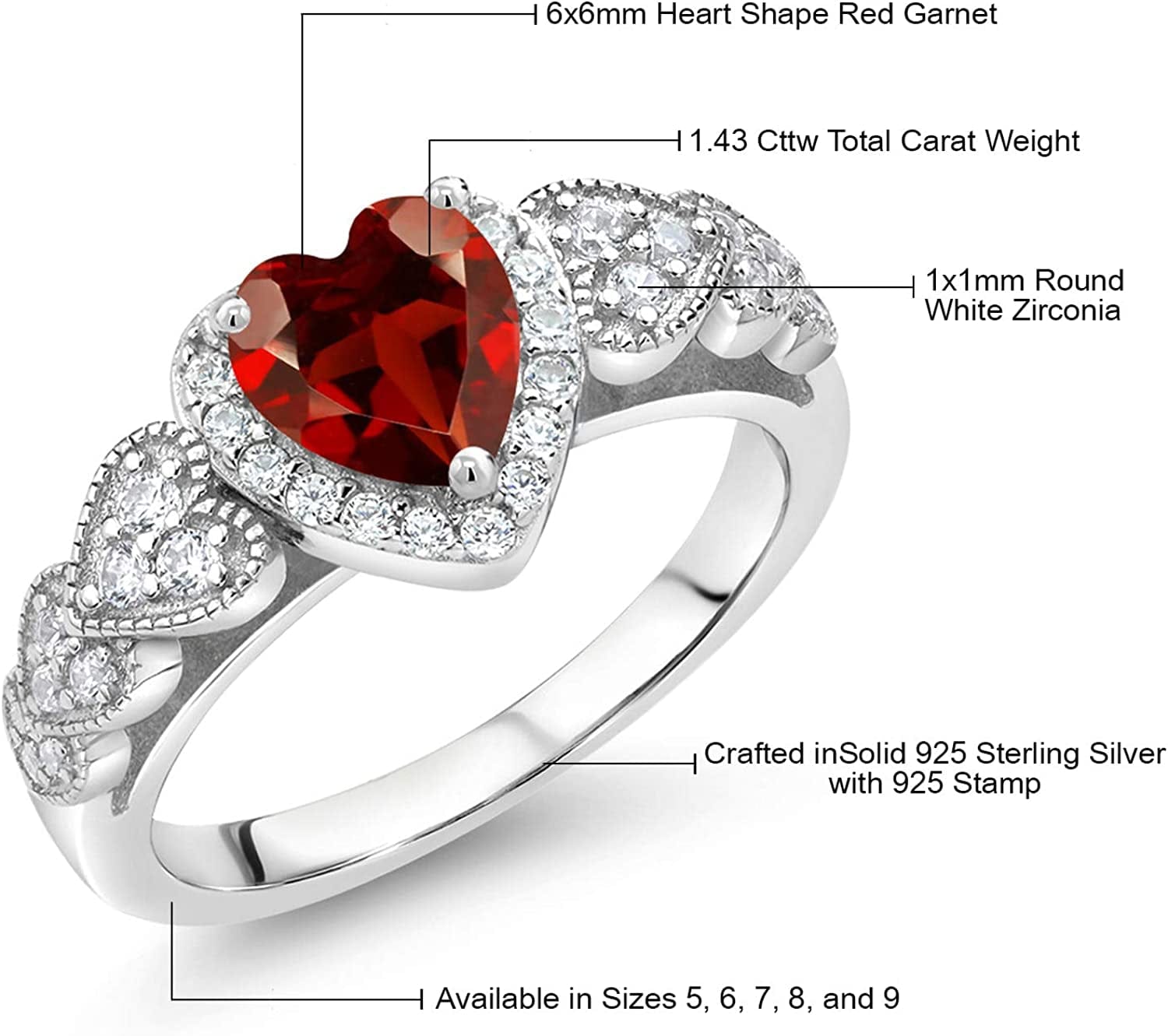 925 Sterling Silver Red Garnet Women Ring (1.43 Cttw Heart Shape 6MM, Gemstone Birthstone, Available in Size 5, 6, 7, 8, 9)