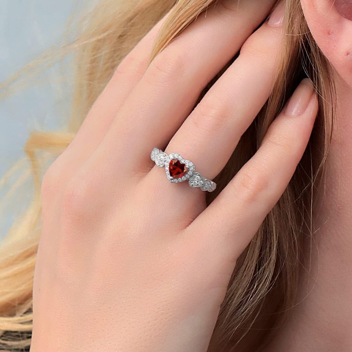 925 Sterling Silver Red Garnet Women Ring (1.43 Cttw Heart Shape 6MM, Gemstone Birthstone, Available in Size 5, 6, 7, 8, 9)