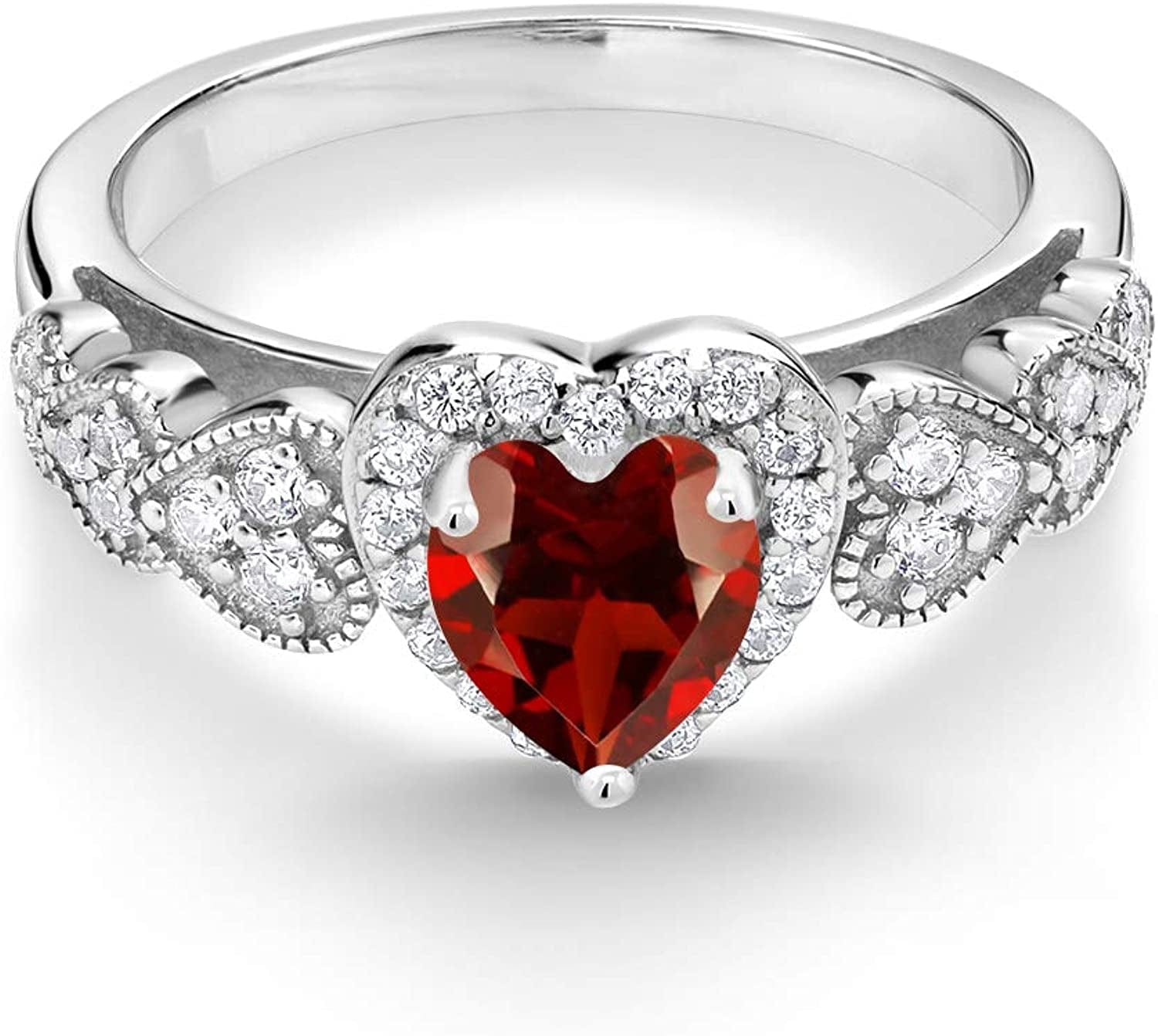 925 Sterling Silver Red Garnet Women Ring (1.43 Cttw Heart Shape 6MM, Gemstone Birthstone, Available in Size 5, 6, 7, 8, 9)