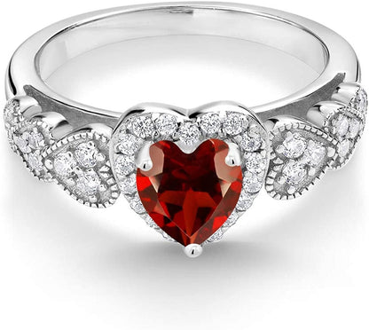 925 Sterling Silver Red Garnet Women Ring (1.43 Cttw Heart Shape 6MM, Gemstone Birthstone, Available in Size 5, 6, 7, 8, 9)