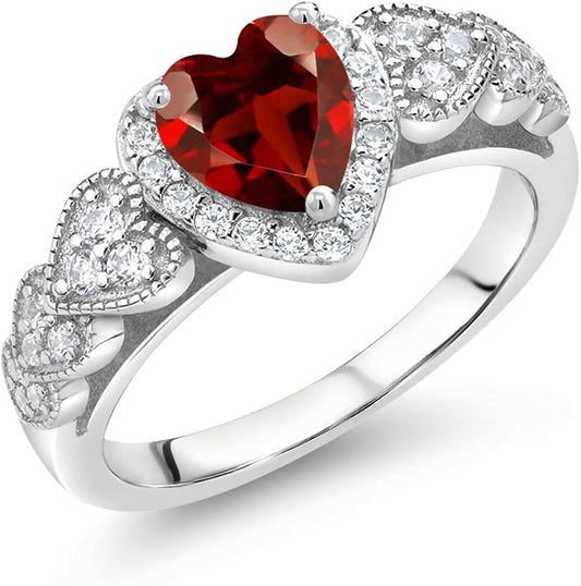925 Sterling Silver Red Garnet Women Ring (1.43 Cttw Heart Shape 6MM, Gemstone Birthstone, Available in Size 5, 6, 7, 8, 9) 6