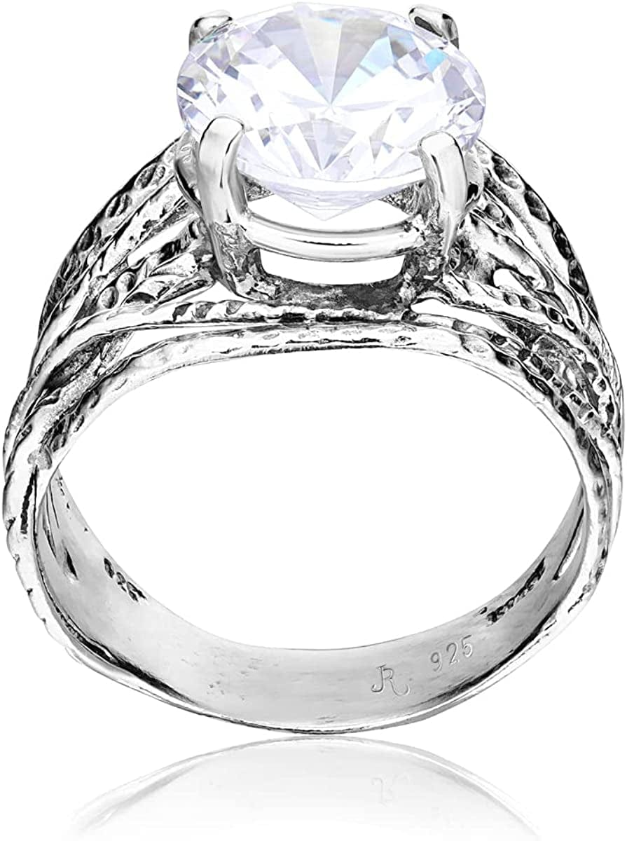 925 Sterling Silver Ring with a White round Cubic Zirconia CZ Prong, Hypoallergenic, Nickel and Lead-Free, Artisan Handcrafted Designer Collection, Made in Israel