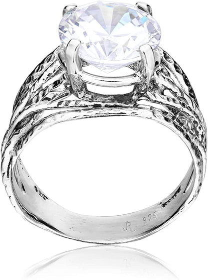 925 Sterling Silver Ring with a White round Cubic Zirconia CZ Prong, Hypoallergenic, Nickel and Lead-Free, Artisan Handcrafted Designer Collection, Made in Israel