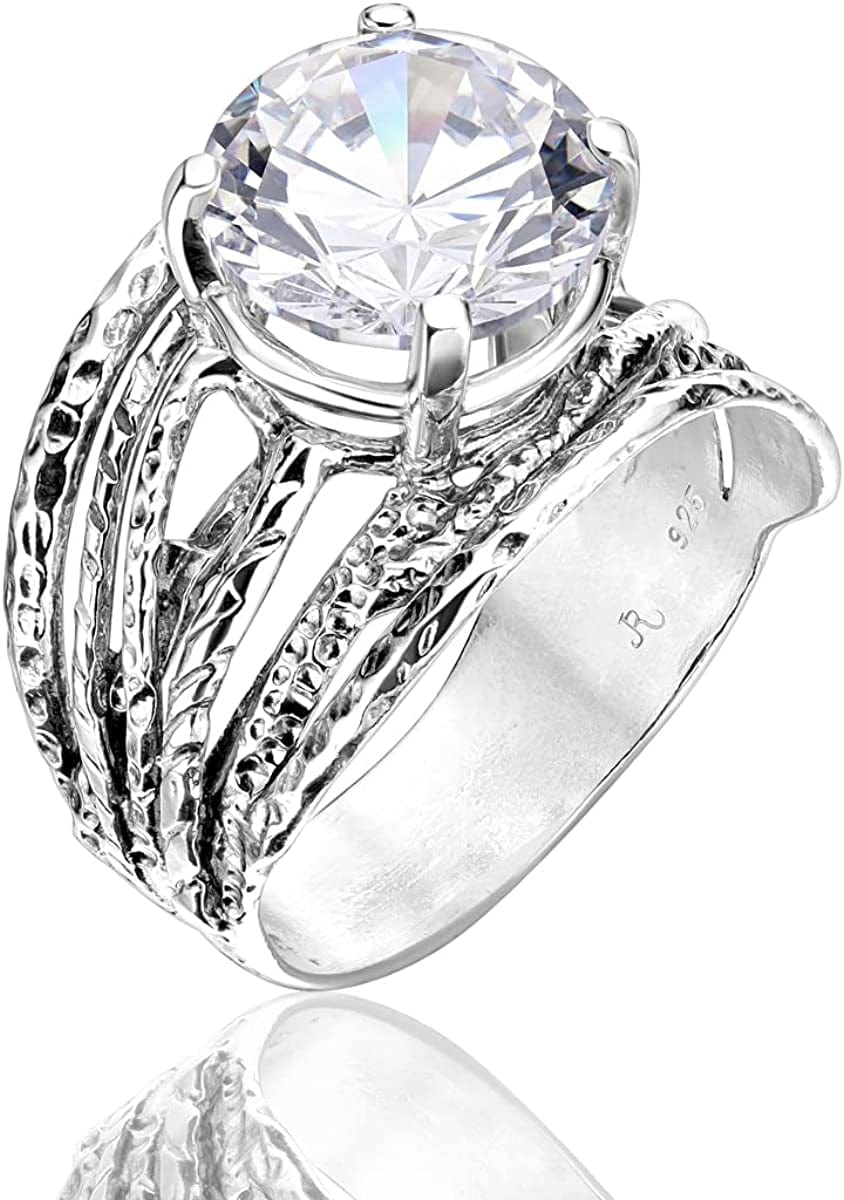 925 Sterling Silver Ring with a White round Cubic Zirconia CZ Prong, Hypoallergenic, Nickel and Lead-Free, Artisan Handcrafted Designer Collection, Made in Israel