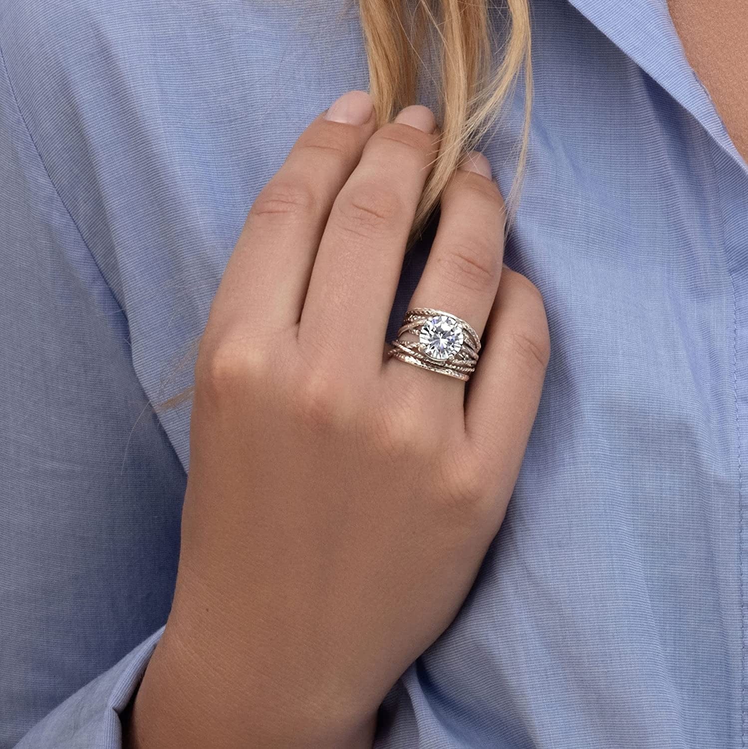 925 Sterling Silver Ring with a White round Cubic Zirconia CZ Prong, Hypoallergenic, Nickel and Lead-Free, Artisan Handcrafted Designer Collection, Made in Israel
