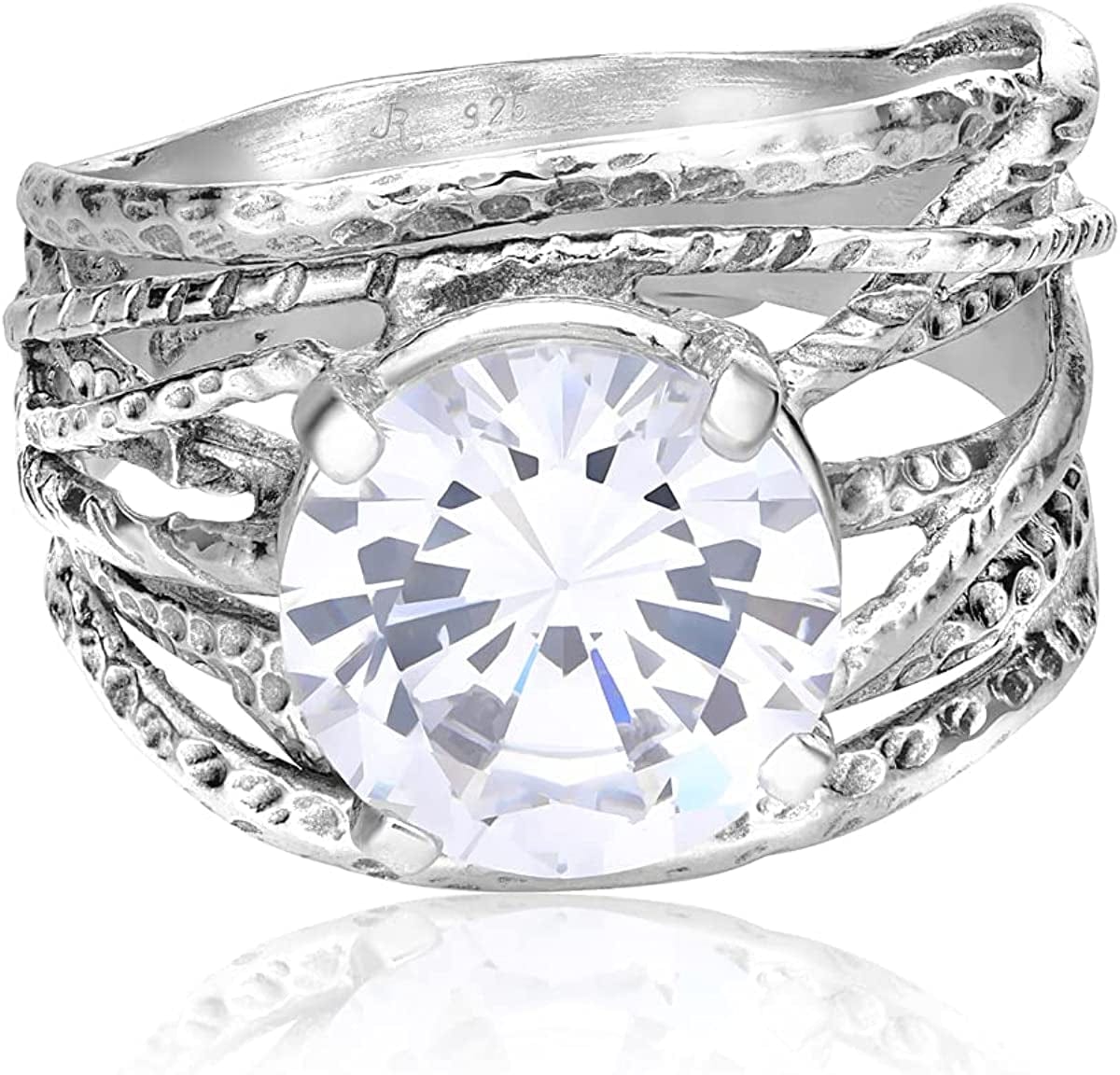 925 Sterling Silver Ring with a White round Cubic Zirconia CZ Prong, Hypoallergenic, Nickel and Lead-Free, Artisan Handcrafted Designer Collection, Made in Israel 6