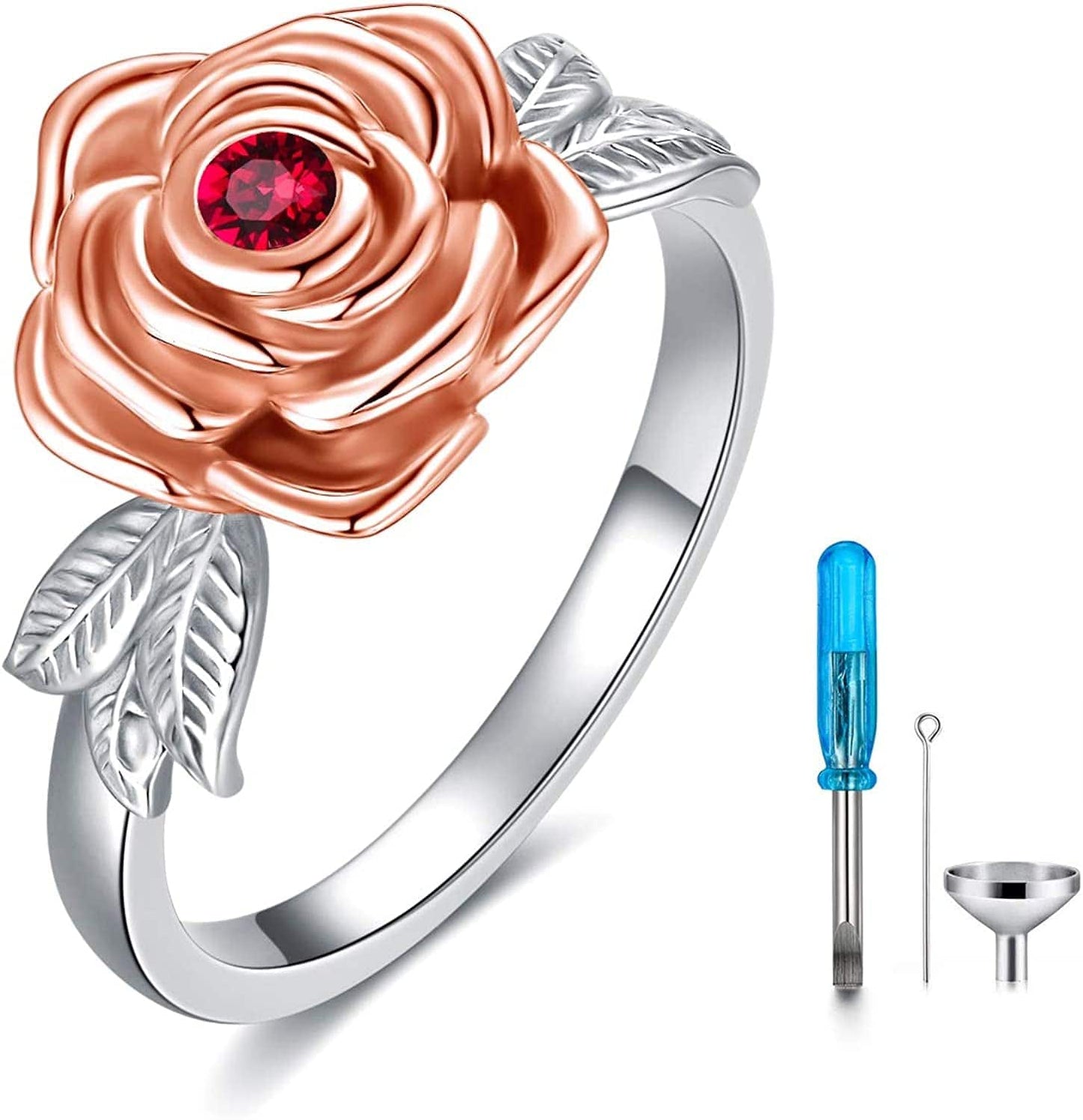 925 Sterling Silver Rose Flower Cremation Urn Ring Holds Loved Ones Ashes Cremation Keepsake Ring Jewelry Embellished with Crystals from Austria Silver&Rose Gold / 7