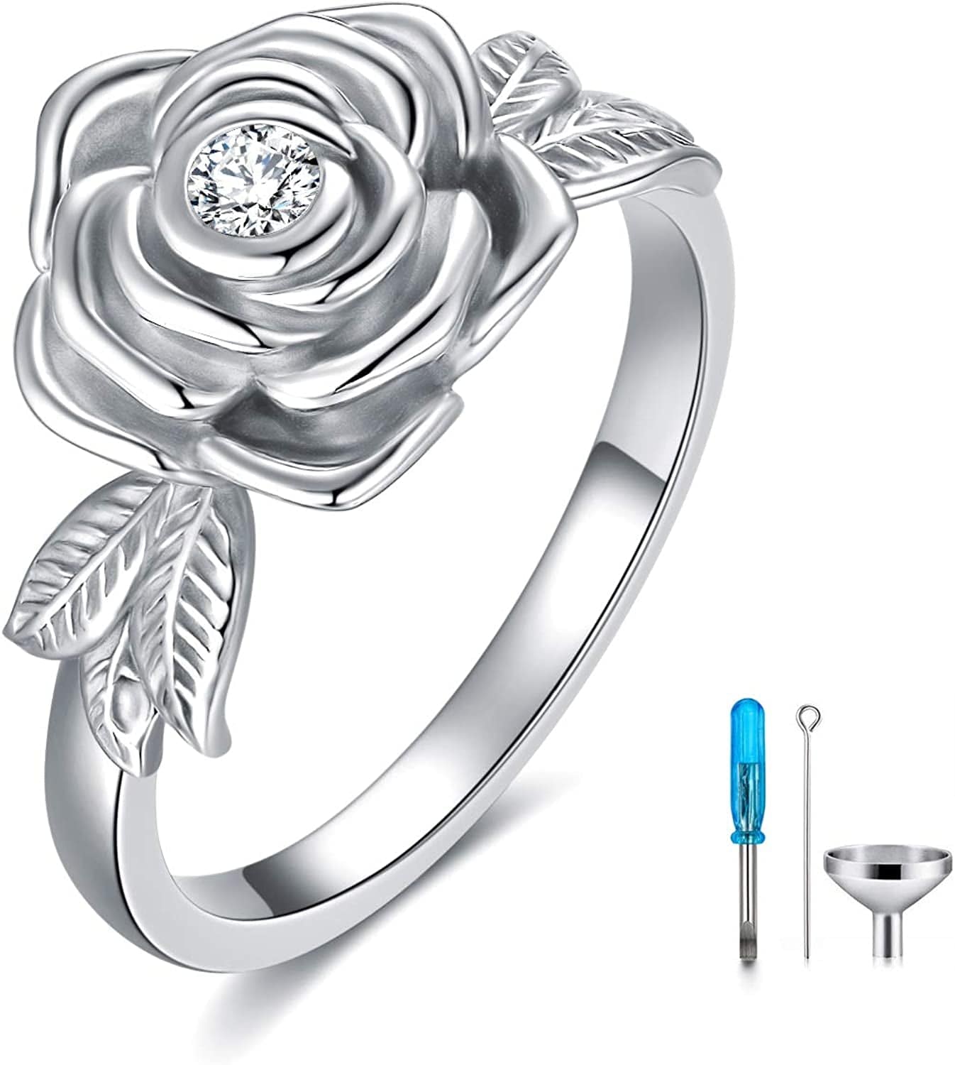 925 Sterling Silver Rose Flower Cremation Urn Ring Holds Loved Ones Ashes Cremation Keepsake Ring Jewelry Embellished with Crystals from Austria Silver / 7