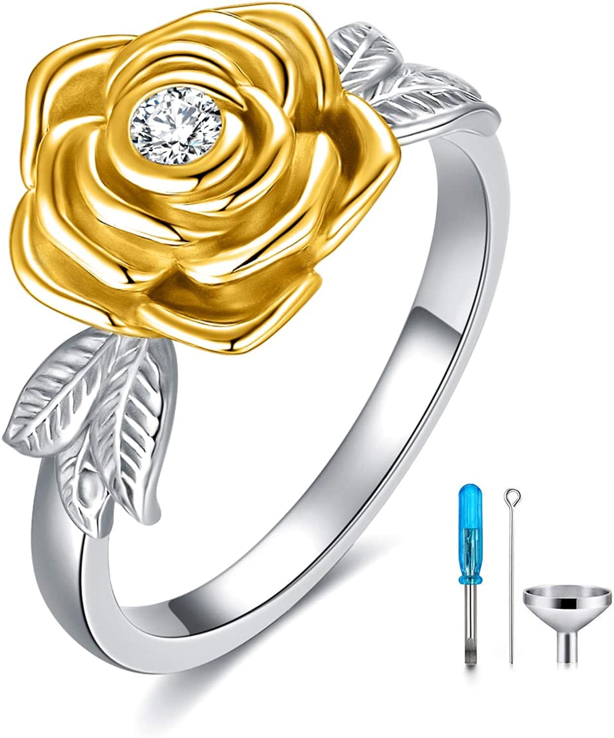 925 Sterling Silver Rose Flower Cremation Urn Ring Holds Loved Ones Ashes Cremation Keepsake Ring Jewelry Embellished with Crystals from Austria Gold / 10