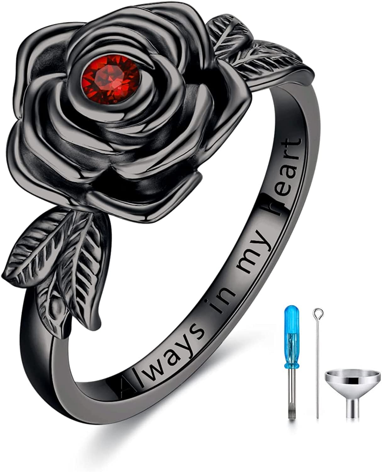 925 Sterling Silver Rose Flower Cremation Urn Ring Holds Loved Ones Ashes Cremation Keepsake Ring Jewelry Embellished with Crystals from Austria Black-Always in my heart / 8