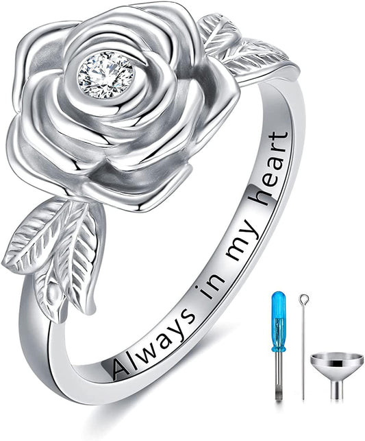925 Sterling Silver Rose Flower Cremation Urn Ring Holds Loved Ones Ashes Cremation Keepsake Ring Jewelry Embellished with Crystals from Austria Silver-Always in my heart / 8