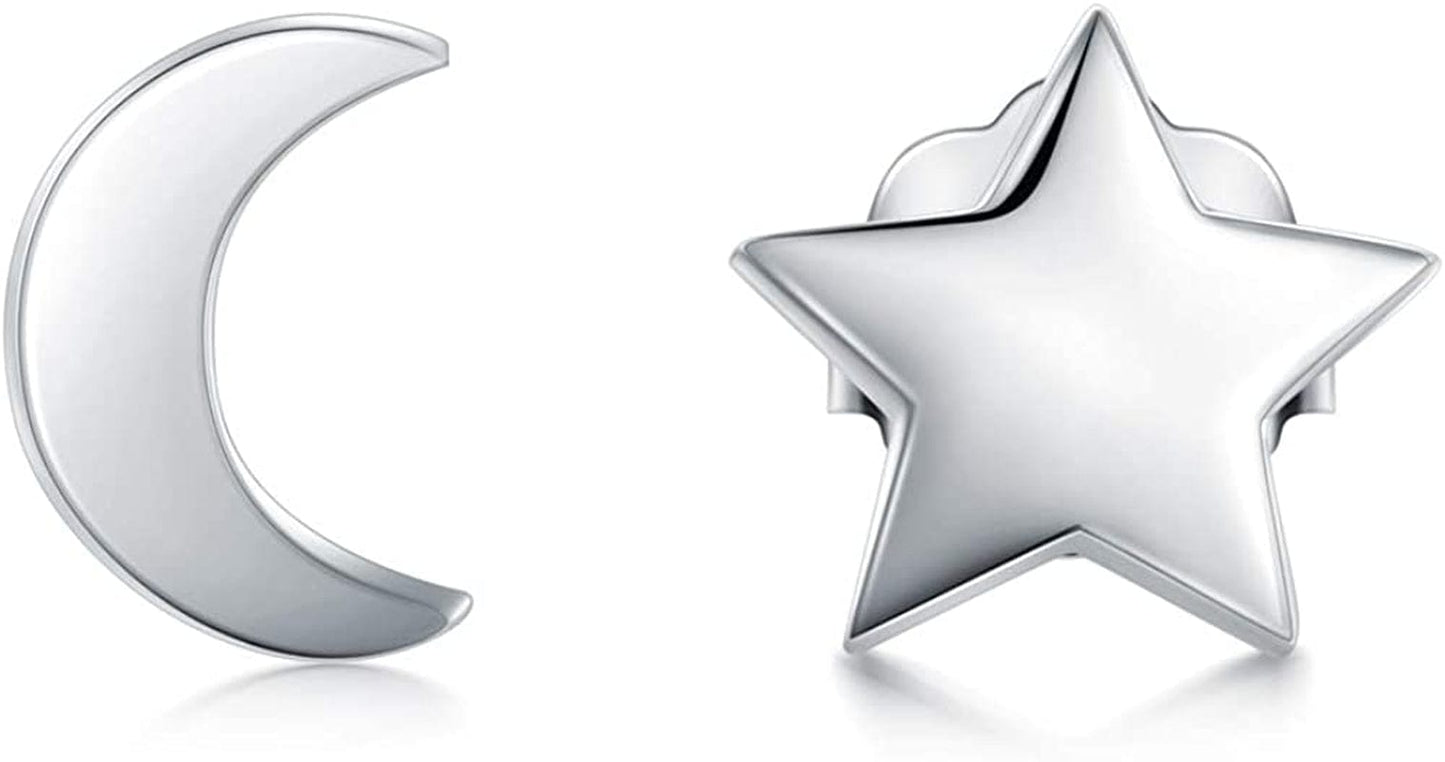 925 Sterling Silver Stud Earrings, Boruo Crescent Moon, Star, Sun High Polish Tarnish Resistant Earrings Star and Moon 2