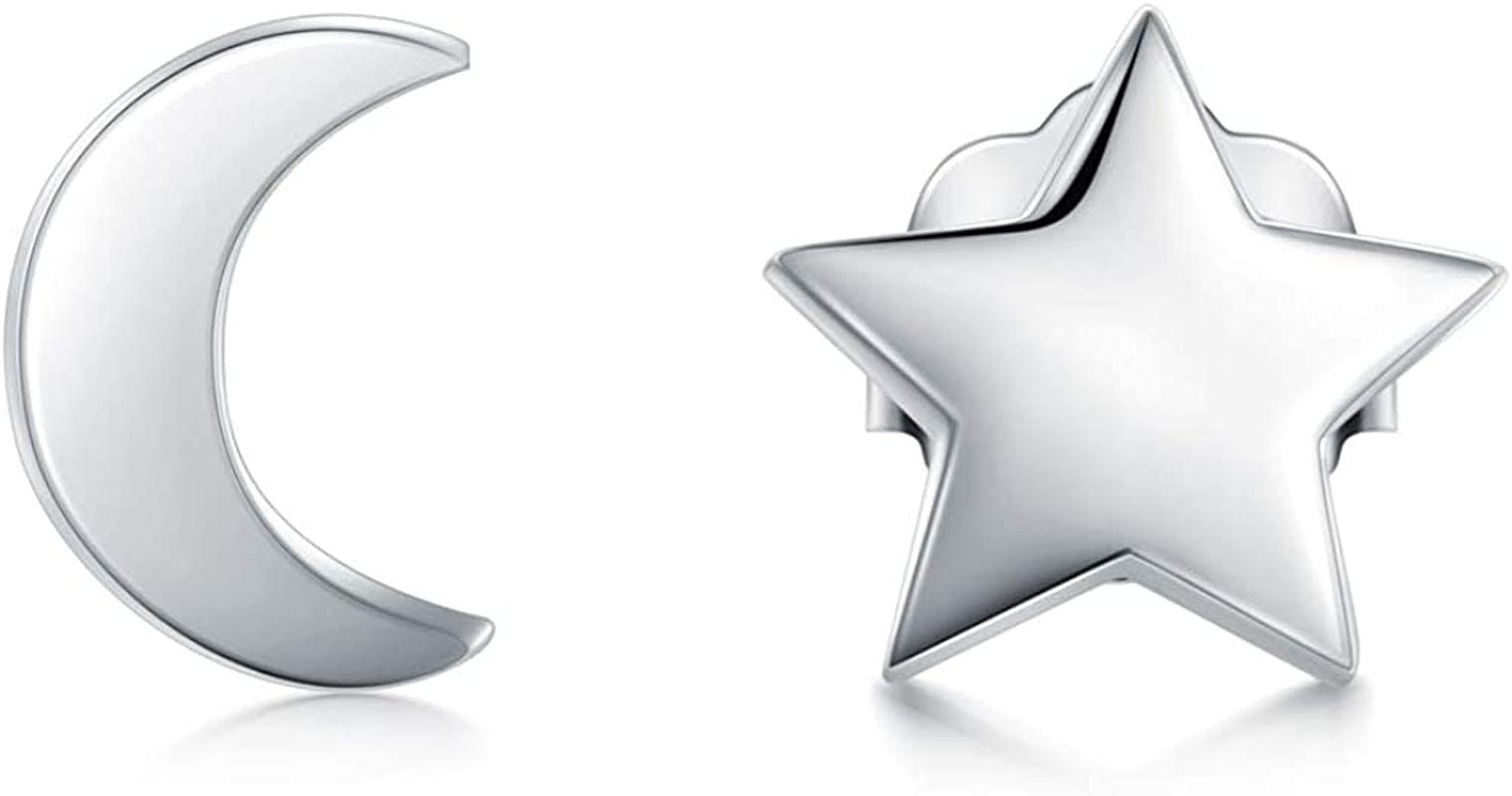 925 Sterling Silver Stud Earrings, Boruo Crescent Moon, Star, Sun High Polish Tarnish Resistant Earrings Star and Moon 2