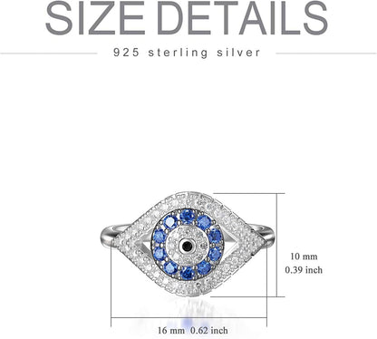 925 Sterling Silver Turkish Evil Eye Rings for Women, Cubic Zirconia Evil Eye Signet Ring Mother Day Jewelry Protection Lucky Gift Size 5-12