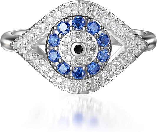 925 Sterling Silver Turkish Evil Eye Rings for Women, Cubic Zirconia Evil Eye Signet Ring Mother Day Jewelry Protection Lucky Gift Size 5-12 11.5