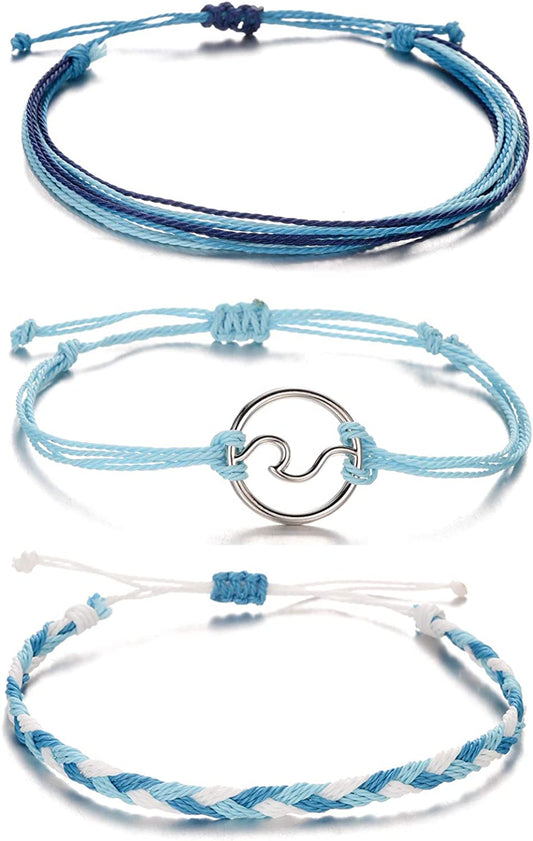 Softones VSCO String Wave Bracelets for Women Girls Handmade Colorful Waterproof Adjustable Braided Beach Bracelet Set for Women Apparel & Accessories > Jewelry > Bracelets Softones M:3Pcs Blue Wave  