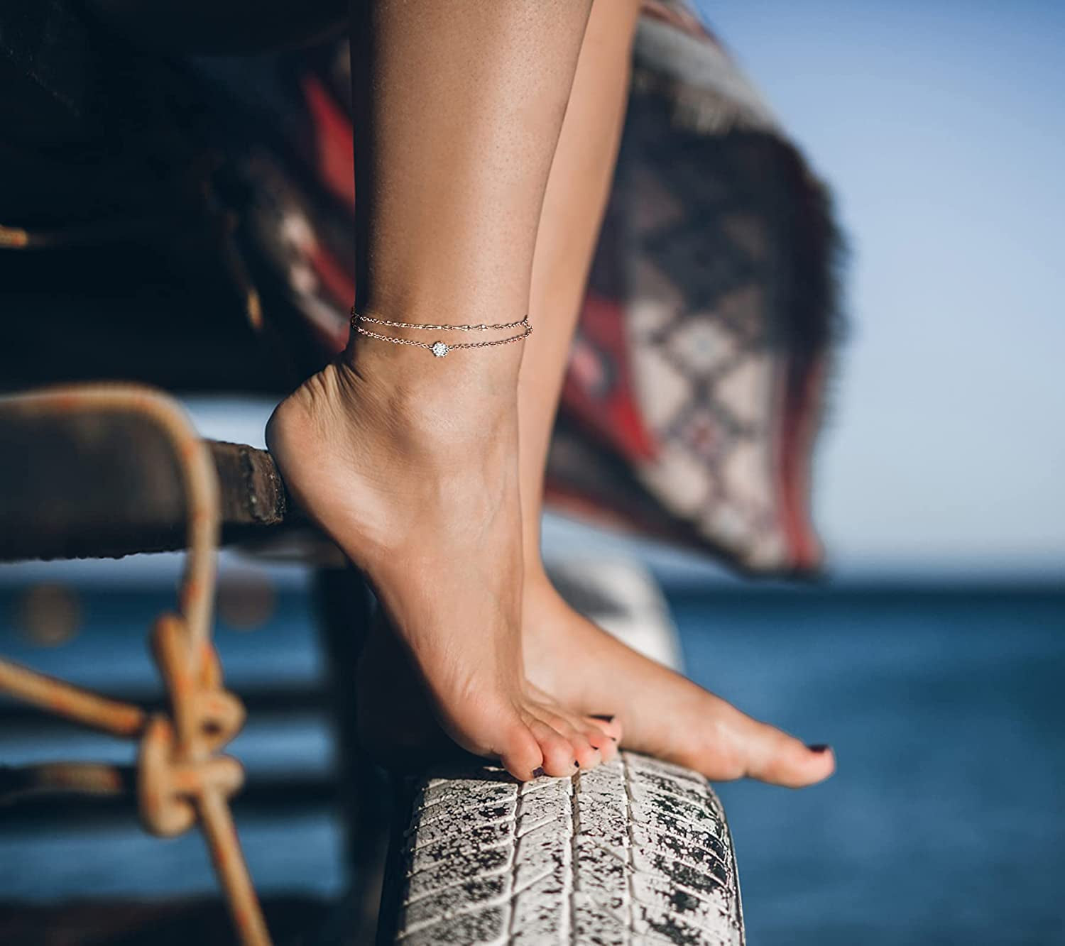 DS Simple Charm Anklet for Women Girls，14K Rose Gold Plating Beach Dainty Cute Tiny Adjustable Stainless Steel Ankle Bracelets Personalized Foot Chain Jewelry Gifts for Mom Wife Girlfriend ) Apparel & Accessories > Jewelry > Anklets DS   