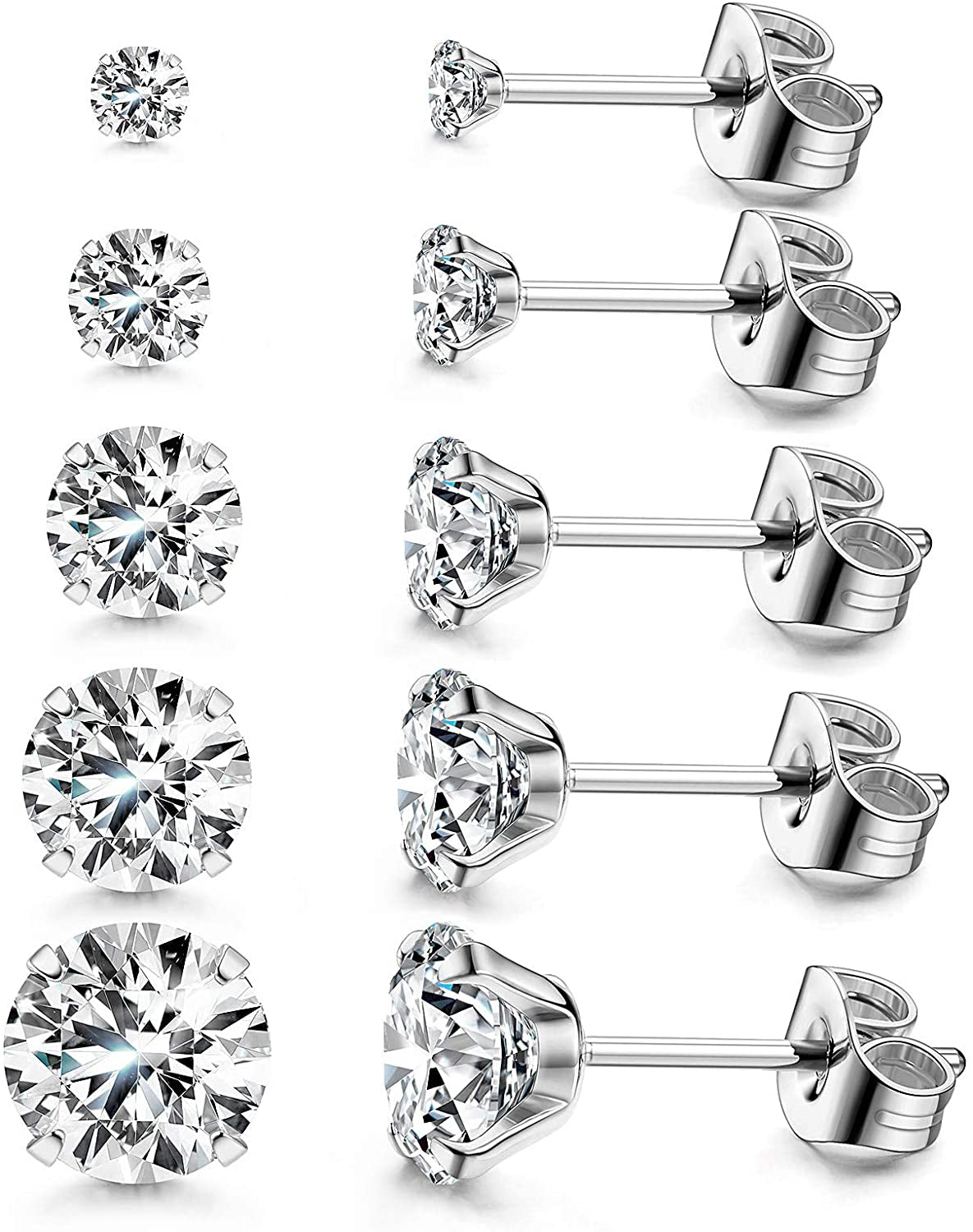 Women'S 14K Gold Plated CZ Stud Earrings Simulated Diamond round Cubic Zirconia Ear Stud Set（5 Pairs) Apparel & Accessories > Jewelry > Earrings Kainier (A)Steel Color  