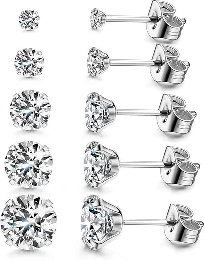 Women'S 14K Gold Plated CZ Stud Earrings Simulated Diamond round Cubic Zirconia Ear Stud Set（5 Pairs) Apparel & Accessories > Jewelry > Earrings Kainier (A)Steel Color  