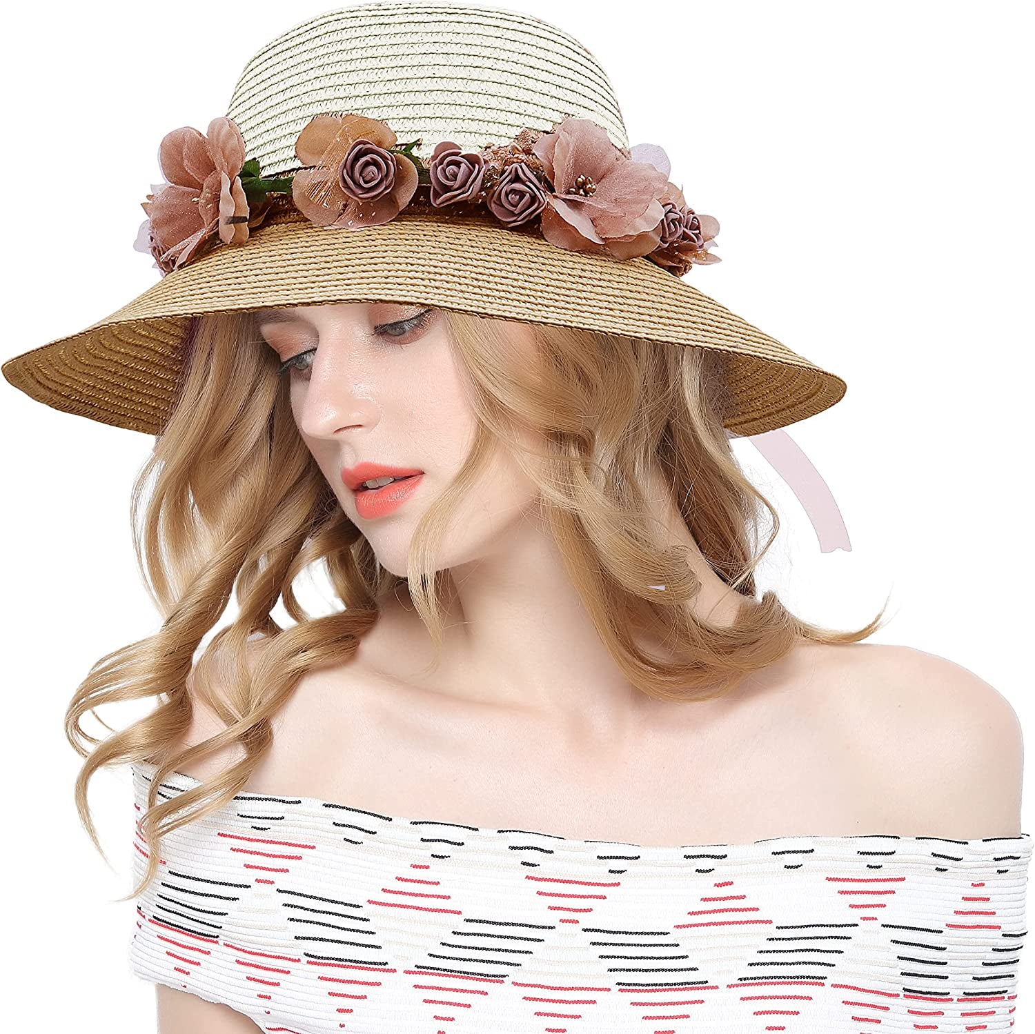 Lovful Fashion Flower Lace Ribbon Wide Brim Caps Summer Beach Sun Protective Hat Straw Hats for Women Apparel & Accessories > Clothing Accessories > Hats KYLIE MAX Beigekhaki  