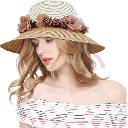 Lovful Fashion Flower Lace Ribbon Wide Brim Caps Summer Beach Sun Protective Hat Straw Hats for Women Apparel & Accessories > Clothing Accessories > Hats KYLIE MAX Beigekhaki  