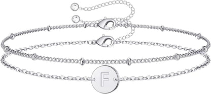 Silver Initial Bracelets for Women Teen Girls, 14K White Gold Filled Layered Letter Initial Bracelet Dainty Disc Initial Charm Bracelets Silver Bracelets for Women Girls Jewelry Gifts for Girls Apparel & Accessories > Jewelry > Bracelets MONOZO F  