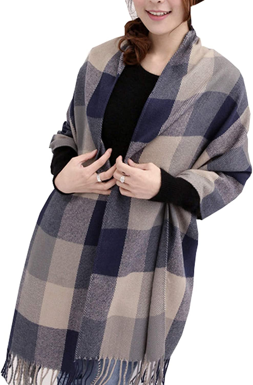 Wander Agio Women'S Fashion Long Shawl Big Grid Winter Warm Lattice Large Scarf Apparel & Accessories > Clothing Accessories > Scarves & Shawls Wander Agio Grey  
