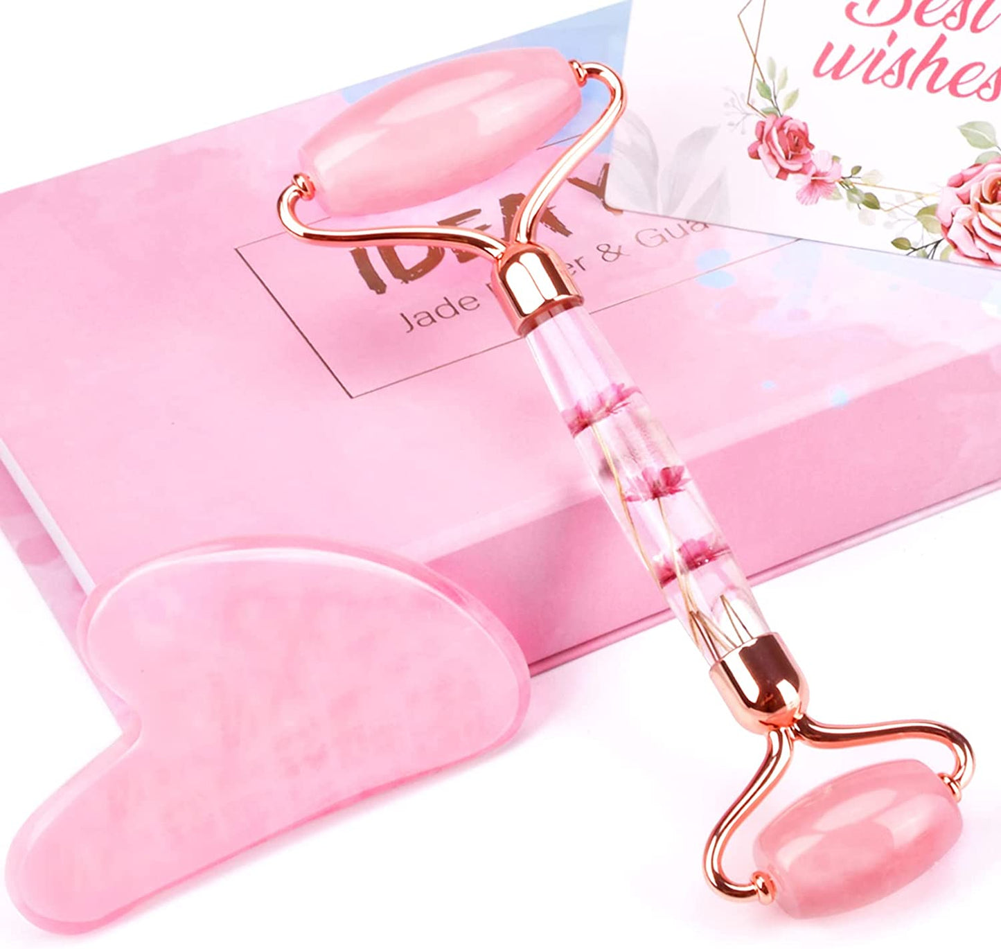 Ideayard Face Roller and Gua Sha Set - Jade Roller anti Aging Massager Tool - Natural Jade Roller for Face and Guasha Stone for Body - Beauty Roller Skin Care Tools Kit for Slimming & Firming Health & Beauty > Personal Care > Cosmetics > Cosmetic Tools > Skin Care Tools ideayard Pink-flower set  