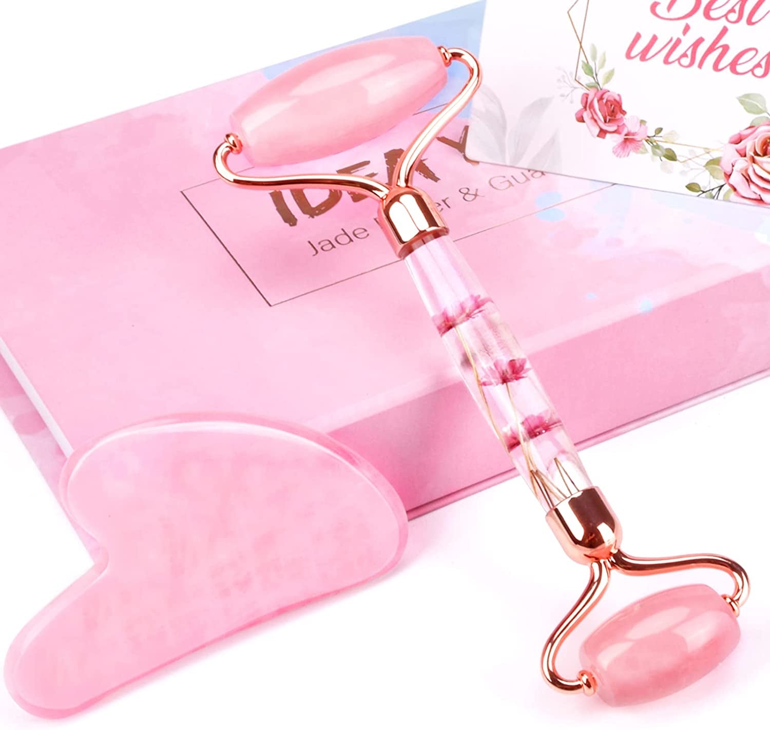 Ideayard Face Roller and Gua Sha Set - Jade Roller anti Aging Massager Tool - Natural Jade Roller for Face and Guasha Stone for Body - Beauty Roller Skin Care Tools Kit for Slimming & Firming Health & Beauty > Personal Care > Cosmetics > Cosmetic Tools > Skin Care Tools ideayard Pink-flower set  