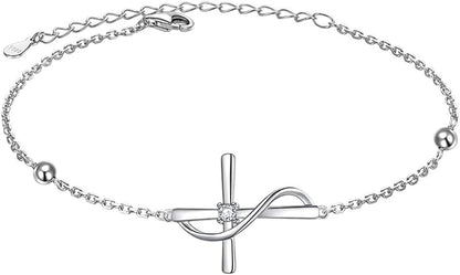 ATHENAA S925 Sterling Silver Concise Sideways Cross Pendant Necklace Bracelet Anklet Apparel & Accessories > Jewelry > Anklets ATHENAA Jewelry Factory C-Bracelet 7+2"  