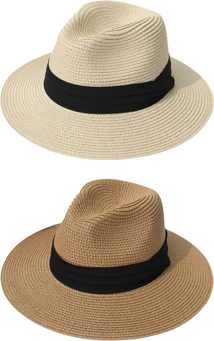 DRESHOW Women Straw Panama Hat Fedora Beach Sun Hat Wide Brim Straw Roll up Hat UPF 50+ Apparel & Accessories > Clothing Accessories > Hats DRESHOW 2 Pack Fedora: Khaki, Beige a  