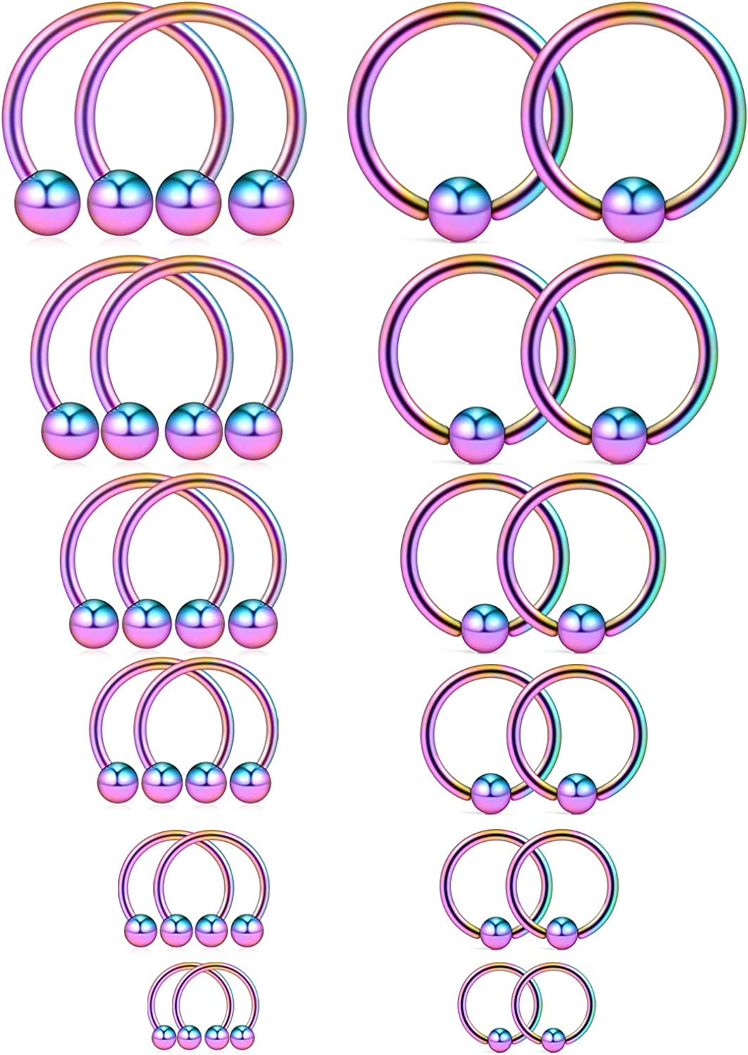 Ruifan 16-24PCS 16G Surgical Steel Horseshoe & Captive Bead Nose Hoop Septum Earring Eyebrow Tongue Lip Nipple Helix Tragus Piercing Jewelry Rings 6-16Mm Apparel & Accessories > Jewelry > Rings Ruifan 24PCS - Rainbow  