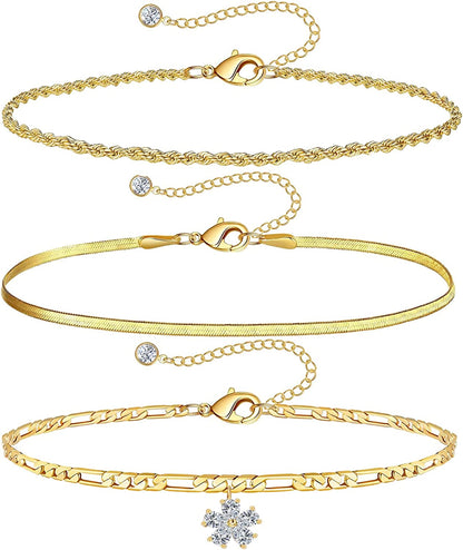 Gold Ankle Bracelets for Women 14K Gold Plated Anklet Silver Rose Gold Evil Eye Tennis Crystal Cubic Zirconia Faux Diamond Rhinestone Anklet Dainty Layered Anklet Set 3Pcs Apparel & Accessories > Jewelry > Anklets Vermeyen Y-Yellow Gold Figaro Chain  