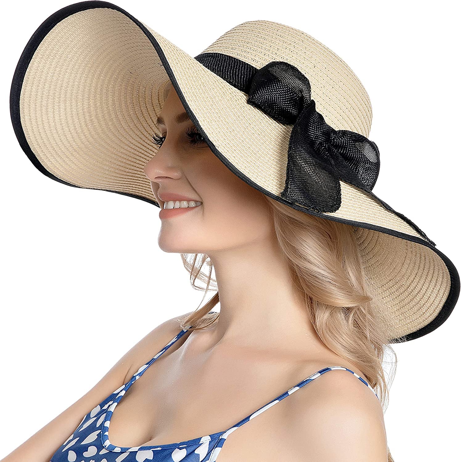 Muryobao Womens Sun Straw Hat Wide Brim UV UPF 50 Summer Hat Foldable Roll up Floppy Beach Cap for Women Apparel & Accessories > Clothing Accessories > Hats Muryobao B-beige  