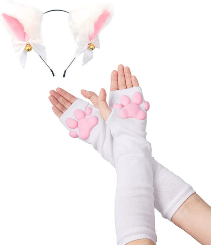 Cute Cat Paw Mittens Gloves, Kawaii Cat Cosplay Kawaii Soft 3D Toes Beans Fingerless Cat Claw Paws Pad Sleeve Apparel & Accessories > Clothing Accessories > Gloves & Mittens HOMEGYMFREE White Long+ears  