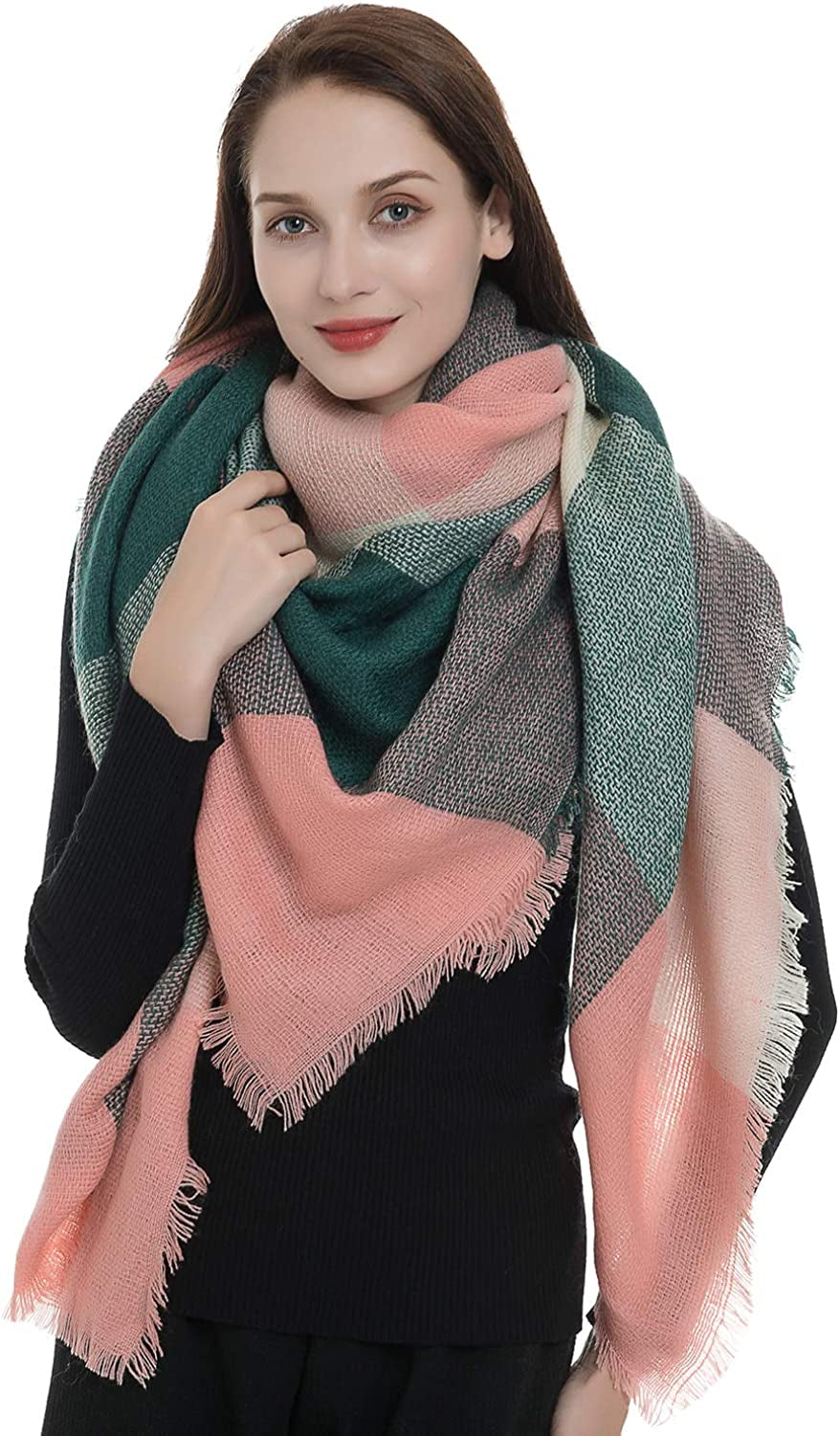 Dimore Trendy Plaid Blanket Scarf Women Big Oversized Long Scarves Apparel & Accessories > Clothing Accessories > Scarves & Shawls Dimore Pink + Green  