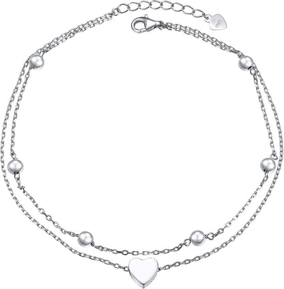 Flyow Anklet for Women S925 Sterling Silver Adjustable Foot Beaded Heart Charm Ankle Bracelet Anklets Jewelry Apparel & Accessories > Jewelry > Anklets FLYOW heart charm 9+1  