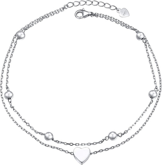Flyow Anklet for Women S925 Sterling Silver Adjustable Foot Beaded Heart Charm Ankle Bracelet Anklets Jewelry Apparel & Accessories > Jewelry > Anklets FLYOW heart charm 9+1  