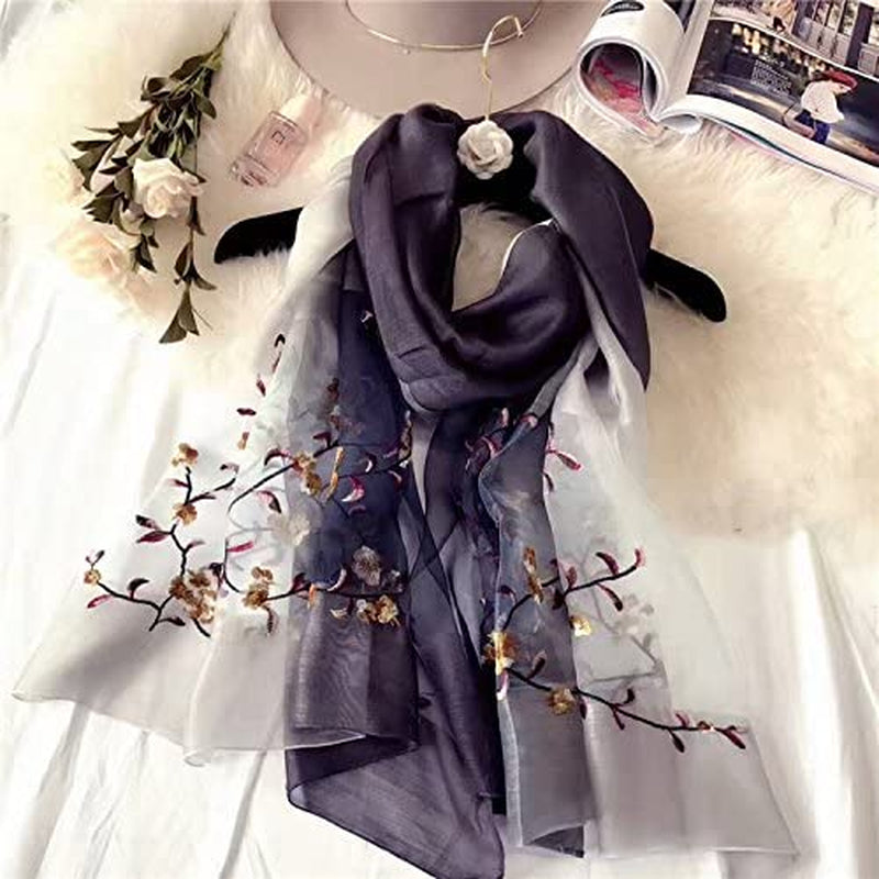 GOFINEE Women Silk&Wool Gradient Embroidered Scarf Headwrap Shawl Apparel & Accessories > Clothing Accessories > Scarves & Shawls GOFINEE   
