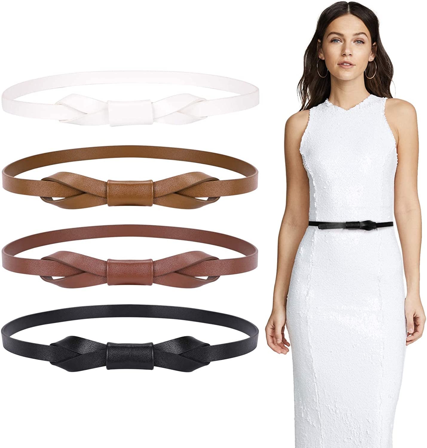 JASGOOD Women PU Leather Skinny Belt for Dress Adjustable Thin Waist Belt for Lady Apparel & Accessories > Clothing Accessories > Belts KYLIE MAX D-black+coffee+white+brown Suit for waist size 41"-46" 